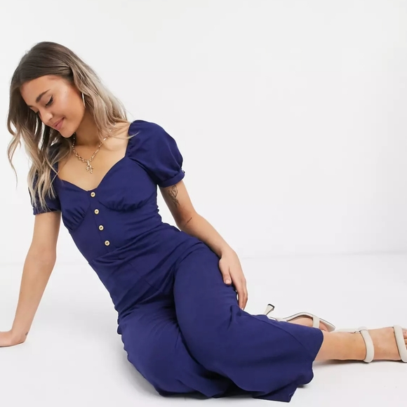 ASOS DESIGN jersey button front cupped tea culotte jumpsuit in navy - Picture 2 of 12